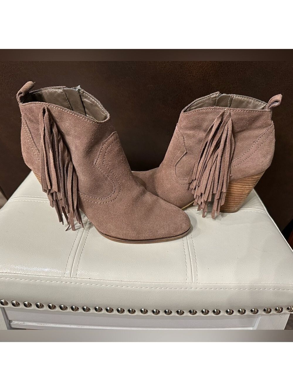 STEVE MADDEN Tan Fringed heeled ankle booties suede leather western size 7.5